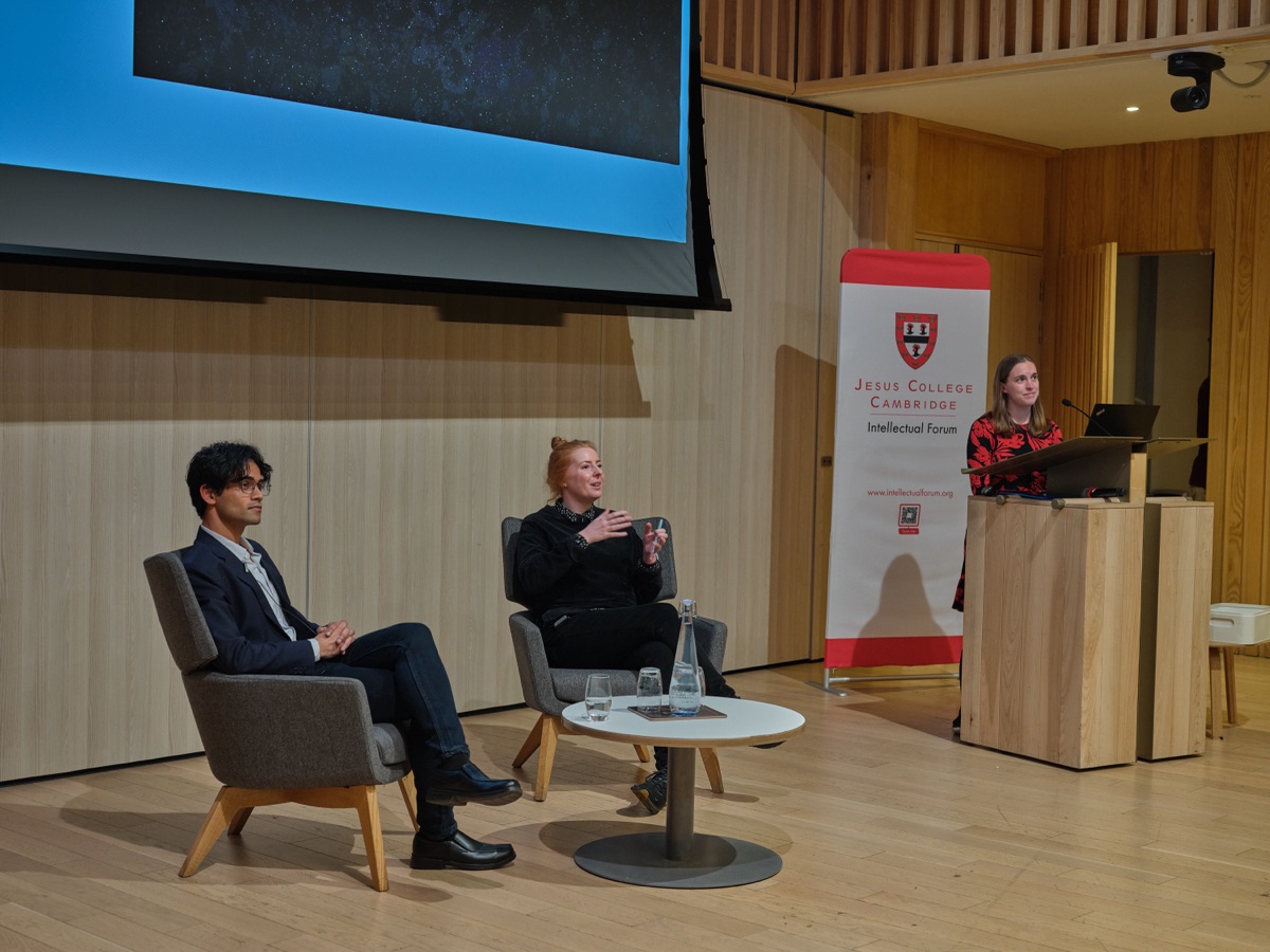 Anik Halder and Louise Beer on stage at the Jesus College Intellectual Forum