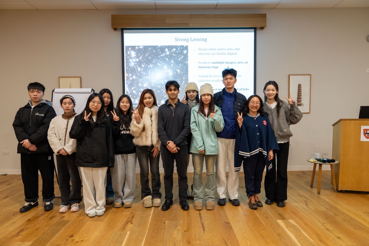 Anik Halder with students from Wuhan College after a talk on gravitational lensing at Jesus College